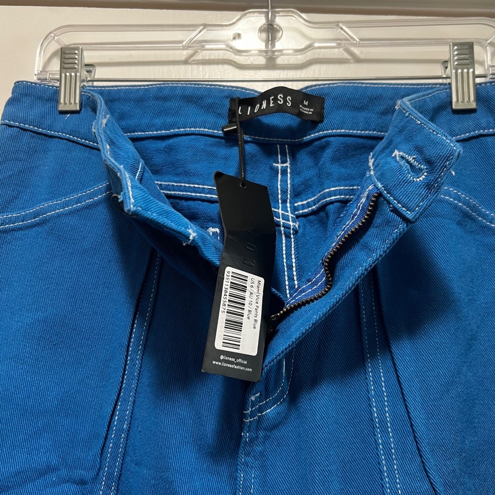 Lioness Miami Vice Blue Cargo Pants Contrast Stitch Wide Leg Utility Size M NEW